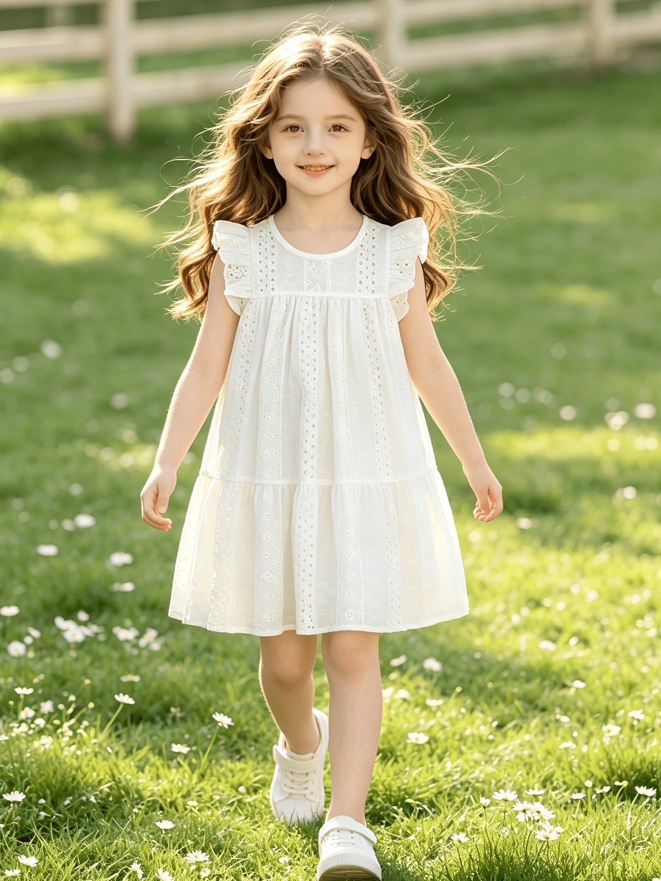 Girls' Summer White Lace Puff Sleeve Cotton Dress