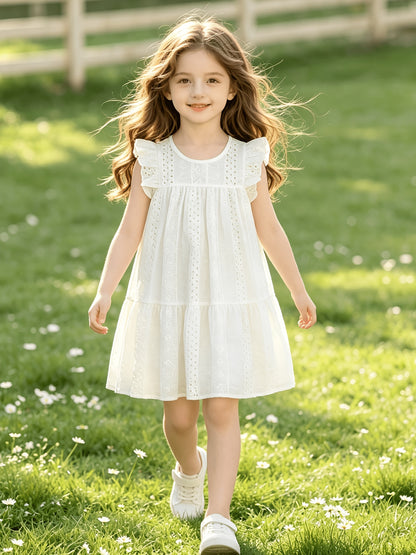 Girls' Summer White Lace Puff Sleeve Cotton Dress