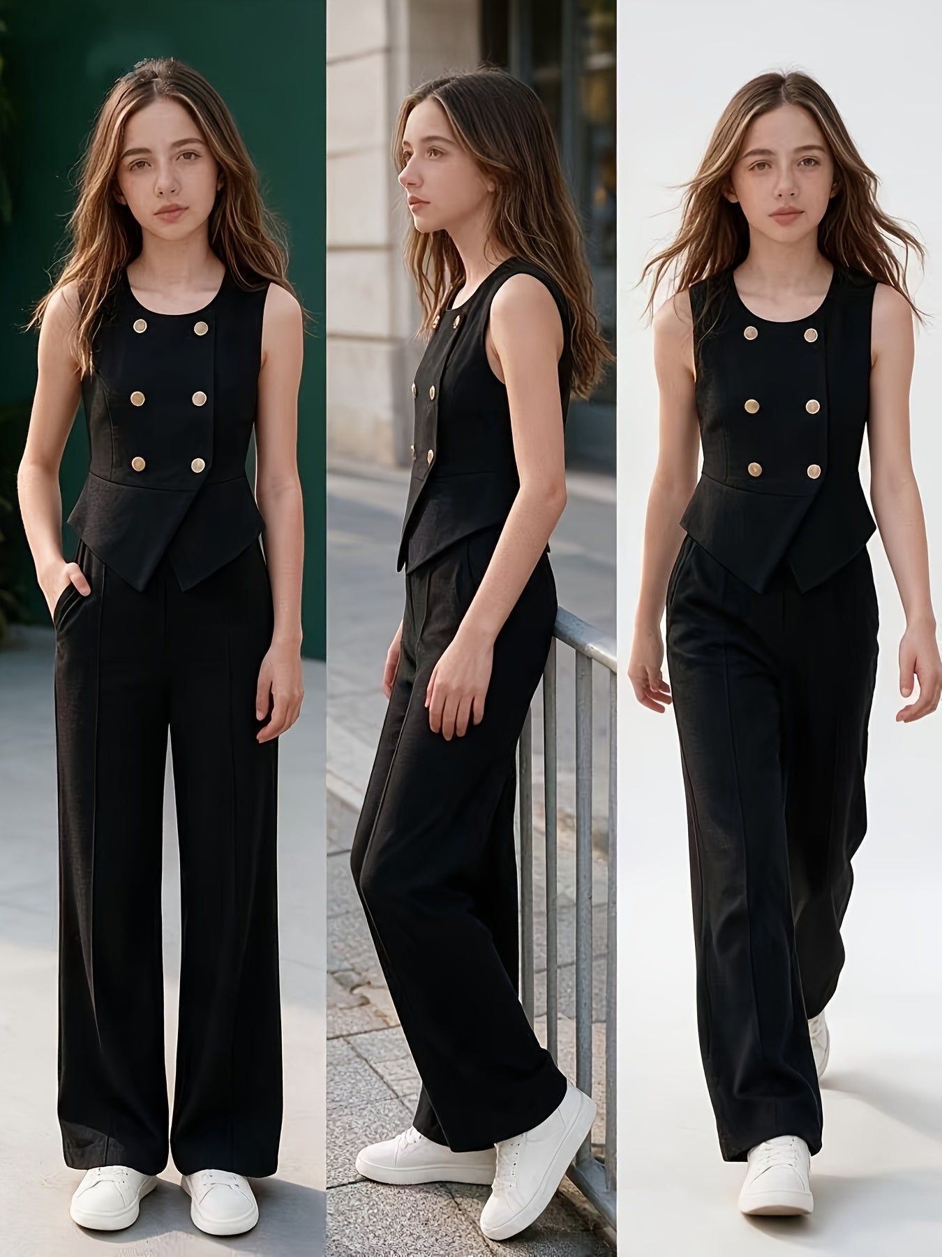 Teen Girls Sleeveless Vest and Wide-Leg Pants Set for Spring