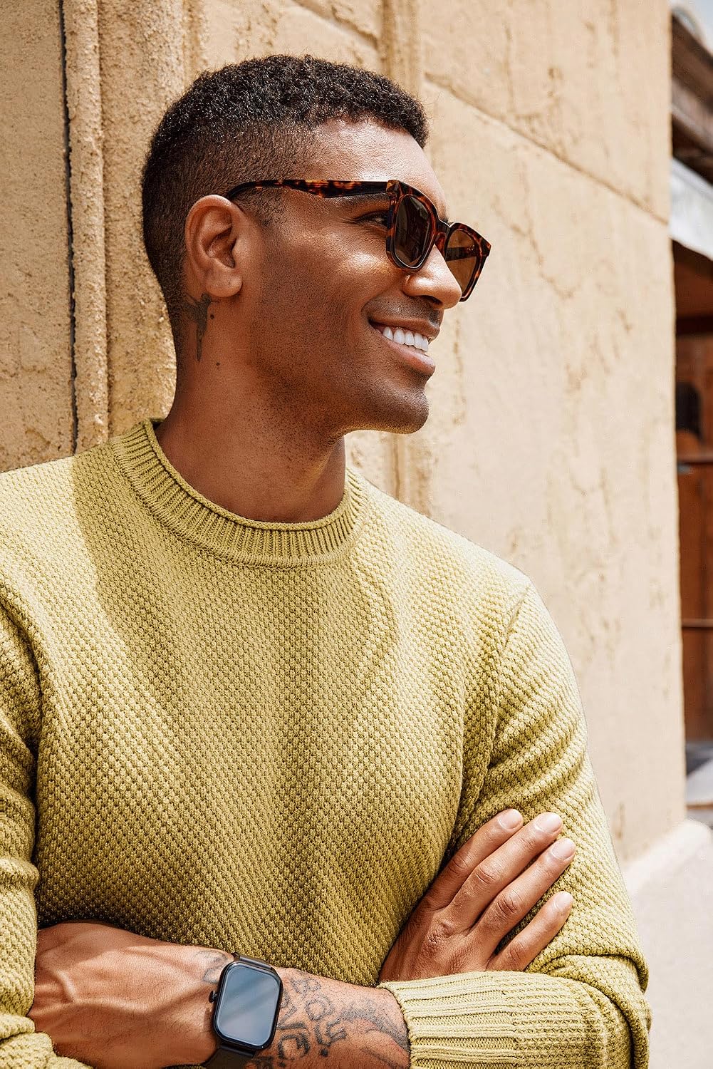 Men's Waffle Knit Crewneck Sweater Textured Pullover