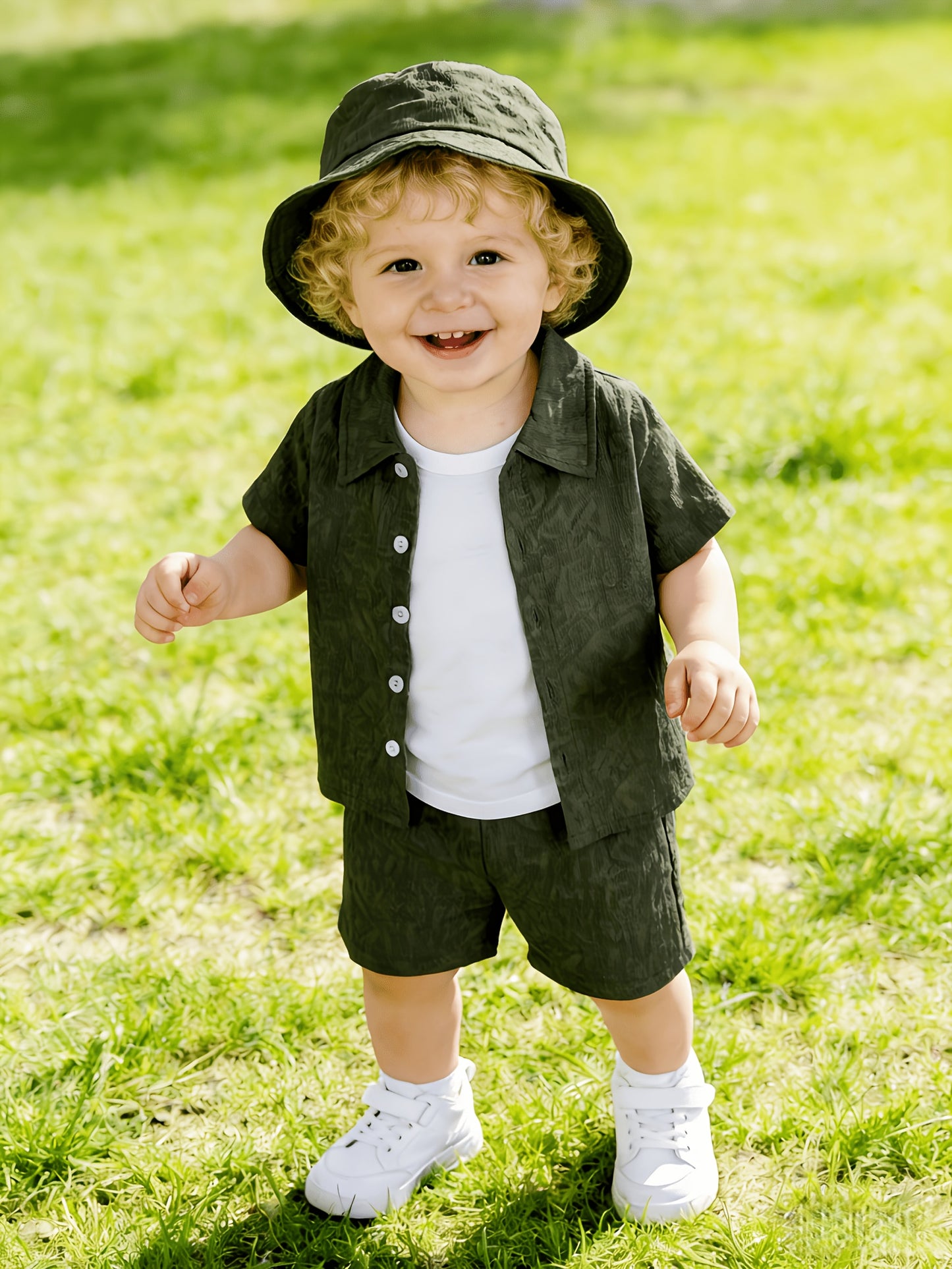 Boys' Summer Casual 3D Letter Print Shirt & Shorts Set with Hat