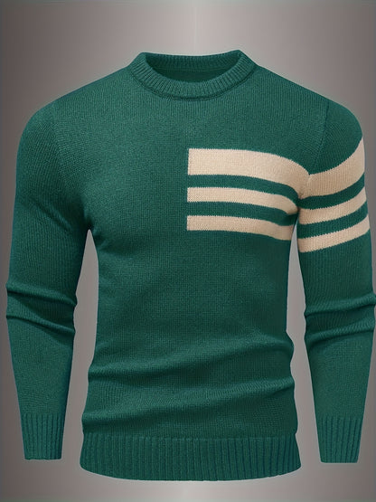 Men's Brown & Striped Sweater - Soft Round Neck Cable-Knit Winter Sweater with White Piping, Machine Washable Casual Pullover for Fall & Winter, Brown/Beige Horizontal Stripes, Ribbed Cuffs & Hem, Stylish Men's Sweater for Ev - ayq