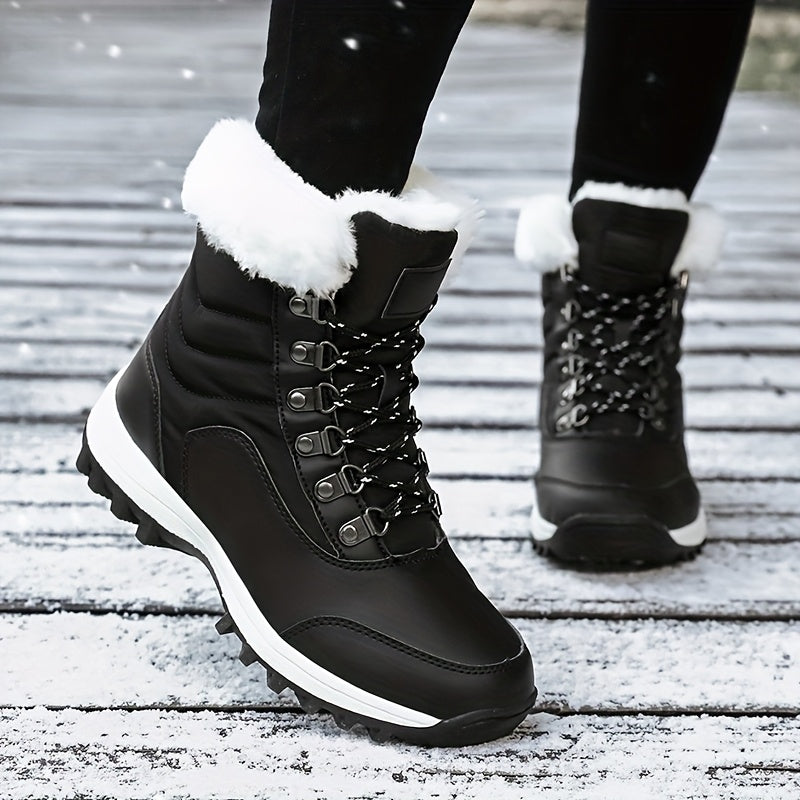Women's Winter Snow Boots with -Like Collar & Traction Tread - Warm Round Toe Ankle-High Black/White Booties, Rubber Sole for Ice & Snow, Cold Weather Shoes (No Calf Strap) - Chinese New Year Ready Footwear