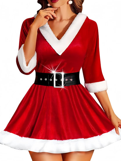 Sexy Slim-Fit Red Deep V Hooded Midi Dress for Christmas | Puffy Princess Mini Skirt, Waist-Cinching Party Outfit, Christmas Costume, Holiday Party Dress, Performance Attire, Hooded Short Dress with Black Belt Contrast, White
