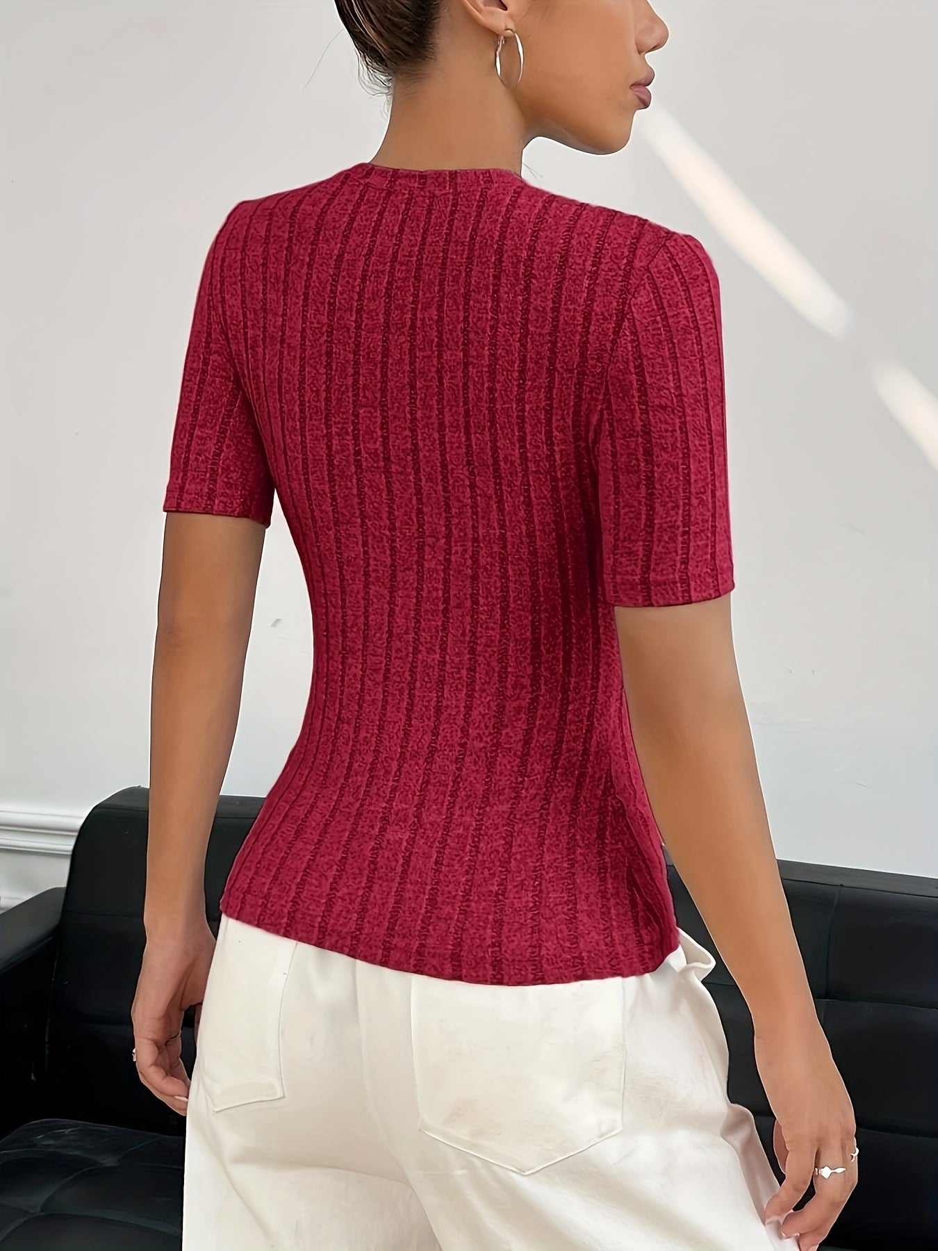 Women'S Stylish Ribbed T-Shirt - Short Sleeve, Crew Neck, Solid Color, Casual & Comfortable Fit for Casual Attire, Ladies T Shirts