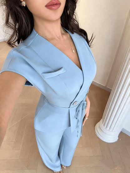 Women's 2-Piece Bell Sleeve Belted Casual Suit for Spring