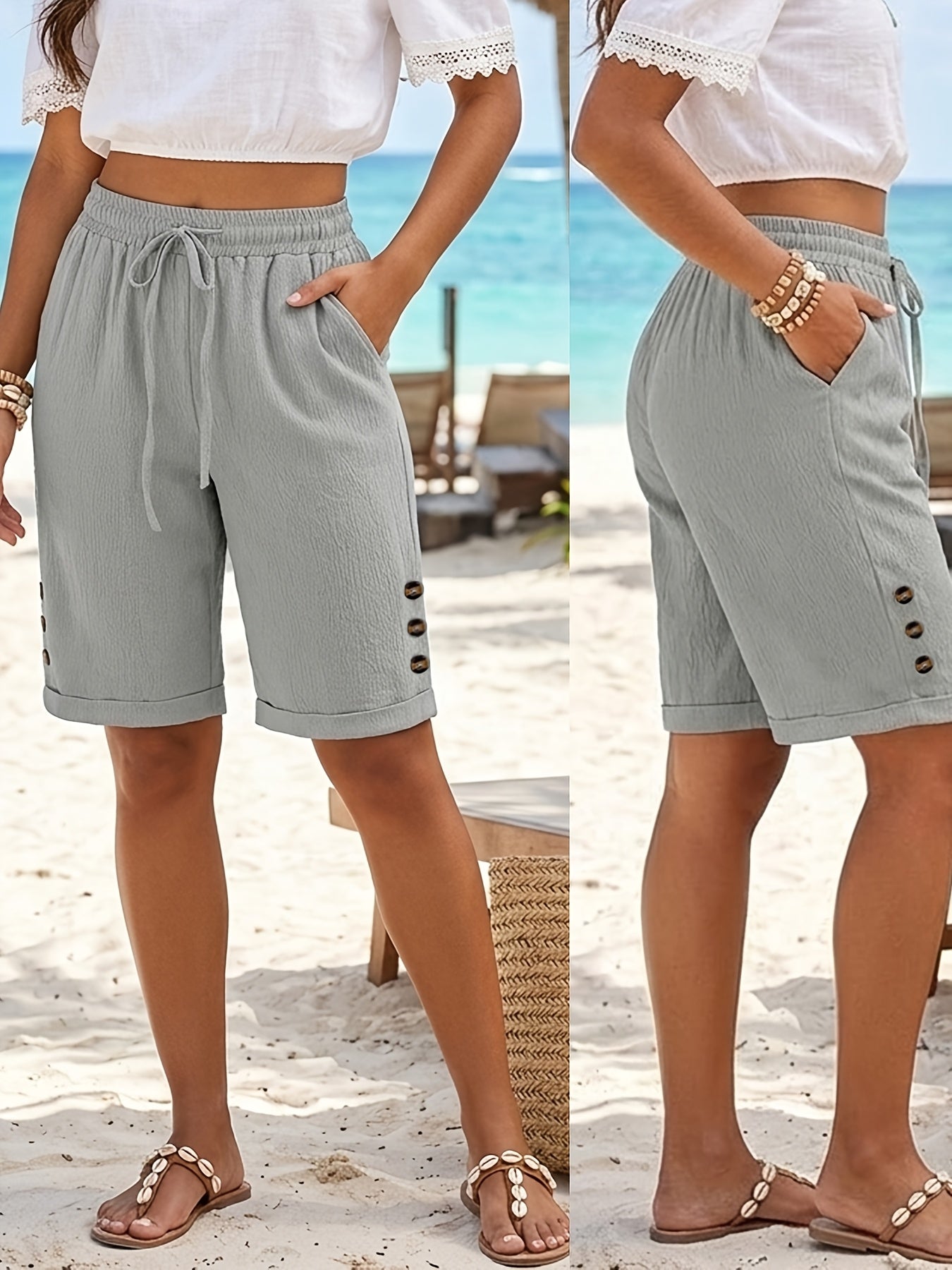 Women's Summer Vacation Solid Color Shorts with Pockets & Drawstring
