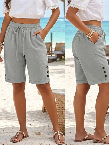 Women's Summer Vacation Solid Color Shorts with Pockets & Drawstring