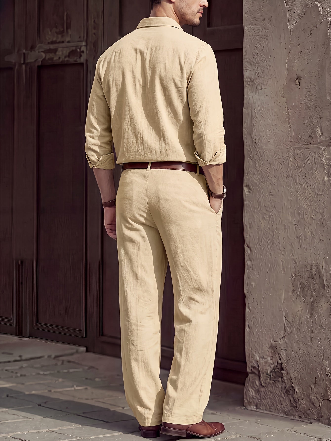 Men's Lightweight Linen Long-Sleeve Shirt & Pants Set for Spring/Fall
