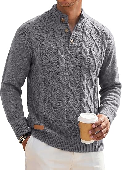 Men's Cable Knit Henley Sweater with Ribbed Stand Collar