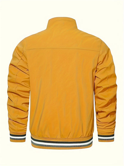Men's Lightweight Jacket - Mustard-Yellow with Black Print Stripes, Zipper Closure & Structured Fit for Urban Streetwear, Formal Events - Spring/Fall Outerwear Coat, Spring Outerwear, Striped Detail Jacket, Nonstretch Materia