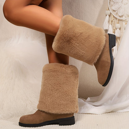 Women's Fashion Solid Color Mid-Calf Fluffy Boots with Slip-On Closure, Plain Toe Platform Heel, Comfy & Warm Fabric-Lined Winter Footwear - TPR Sole, Mid Heel, European Special from Huizhou