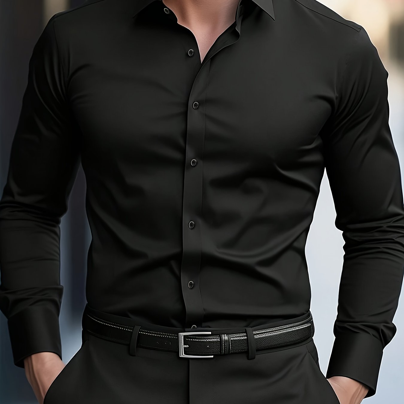 Men's Wrinkle-Free Long Sleeve Dress Shirt - Business Formal & Casual Button-Up Shirt in Black, Machine Washable Office Work Attire for All Seasons - Professional & Casual Attire, Long Sleeve Tops for Work, Workwear Essential