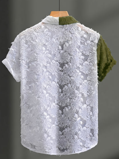 Men's Casual Sheer Lapel Collar Short Sleeve Shirt for Summer