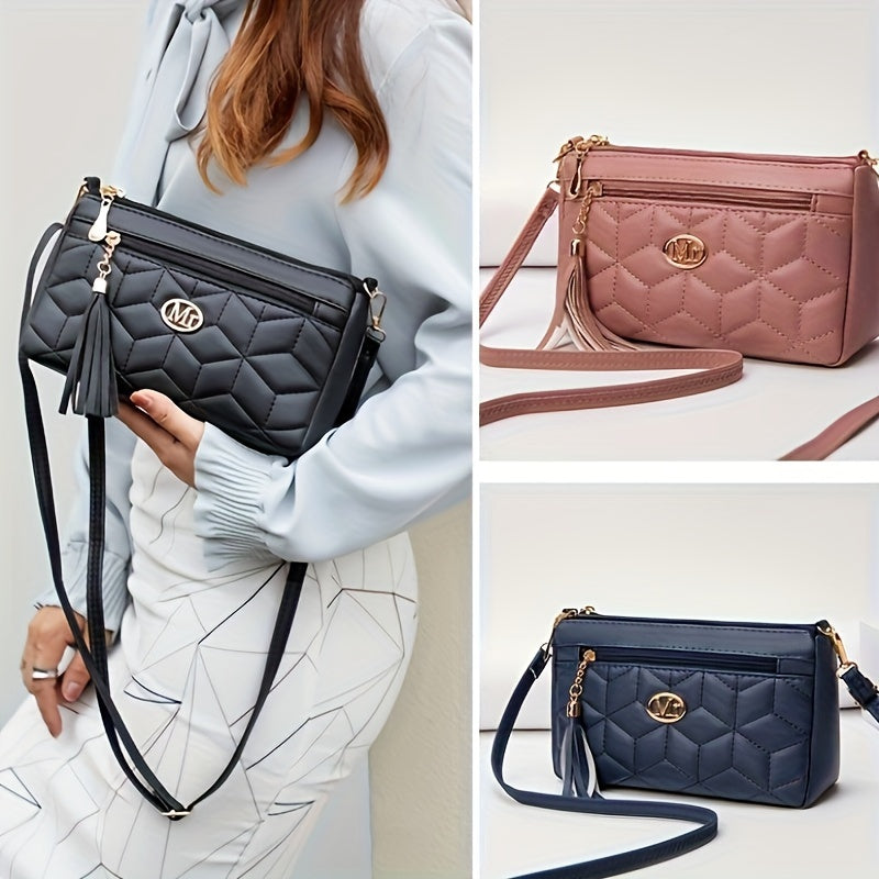 Quilted Women'S Crossbody Bag with Large Capacity, Casual Shoulder Bag Featuring Tassel Decorations, Multiple Zip Openings, And Adjustable Shoulder Strap