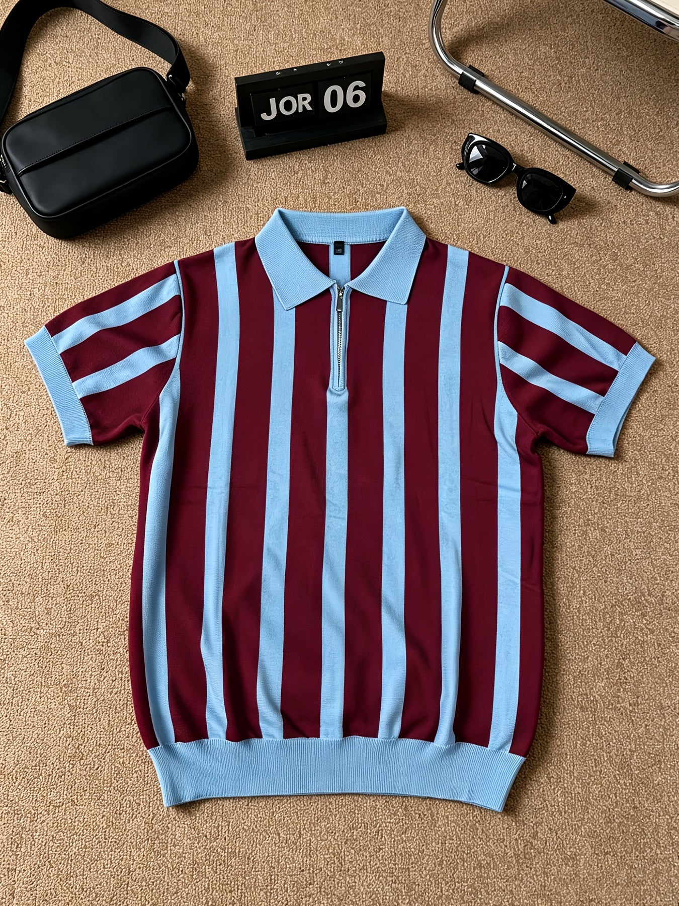 Men's Slim Fit Vertical Stripe Knit Polo with Half-Zip Collar
