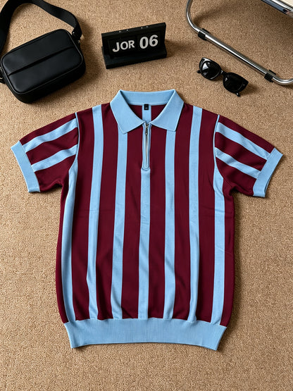Men's Slim Fit Vertical Stripe Knit Polo with Half-Zip Collar