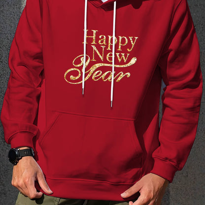 Men'S Golden Letter Print Hooded Sweatshirt - Happy New Year Lettering, Soft Knit Micro-Elastic Fabric, Loose Fit Casual Pullover Hoodie with Front Pocket, Streetwear Style, Unisex Apparel, Durable Material, Trendy Design, Ho