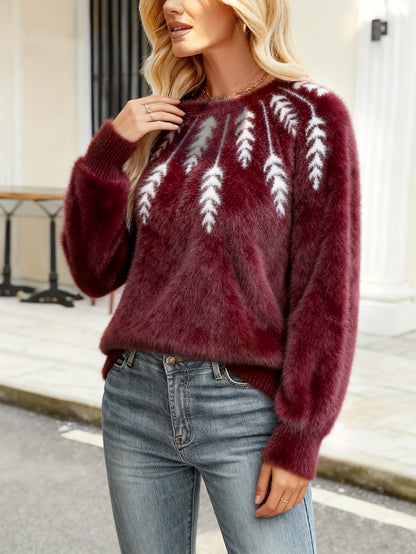 Women's Burgundy Winter Cardigan Sweater - Elegant Collar & Pine Tree Pattern, Soft Stretchy Pullover Jacket, Long Sleeve Cozy Sweaters for Fall/Winter, Christmas, Korean Fashion, Pininterest Outfits (Machine Washable)