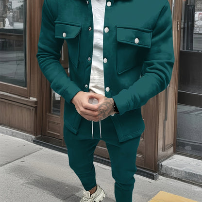 1set Men'S Casual Solid Color Polyester Outfit - Long Sleeve Button-Down Lapel Collar Jacket with Pockets and Drawstring Long Pants Set for Fall/Winter