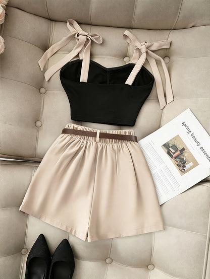 Women's Bow Detail Tank Top & A-Line Casual Shorts Set