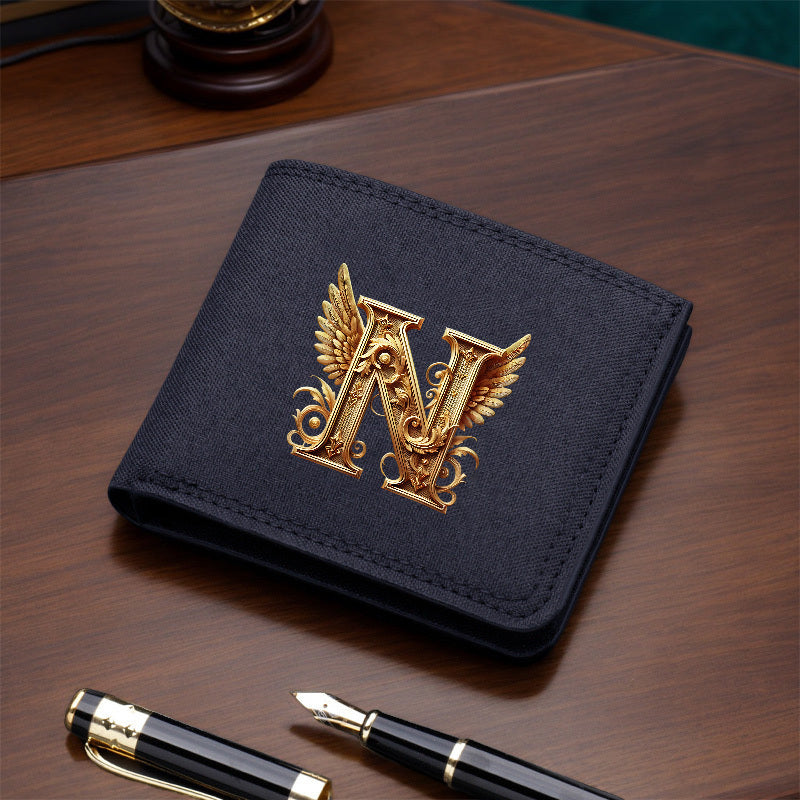 1pc Men's Short Canvas Initial Name Wallet, Zippered Denim Wallet for Men, Plain Ultra-Thin Letter Wallet for Men