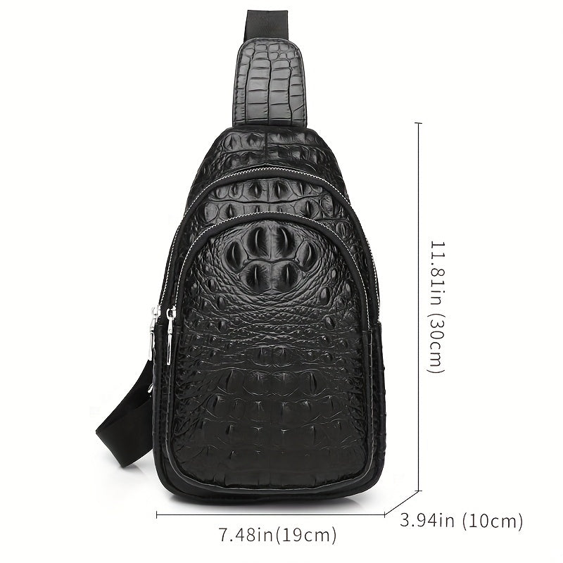 SCHLATUM Genuine Leather Crocodile Pattern Sling Bag - Black, Large-Capacity Multifunctional Crossbody Backpack for Travel, Sports  Camping, Stylish Zipper Closure Design