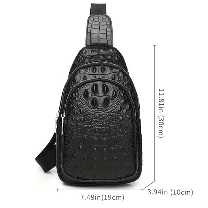 SCHLATUM Genuine Leather Crocodile Pattern Sling Bag - Black, Large-Capacity Multifunctional Crossbody Backpack for Travel, Sports  Camping, Stylish Zipper Closure Design