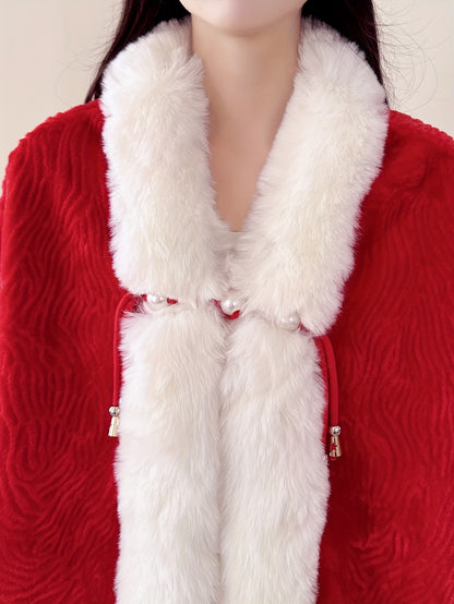 Festive Shawl Wrap with Faux Fur Trim and Pearl Accents - 100% Polyester Christmas Poncho Cape for Party and Wedding, Warm Decorative Inelastic Shawl for Winter, Hand Washable