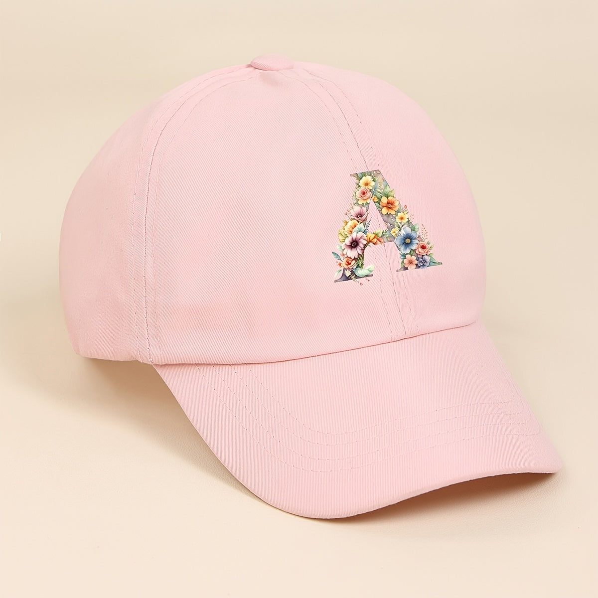 Adjustable Pink Baseball Cap for Kids with Floral Alphabet Design