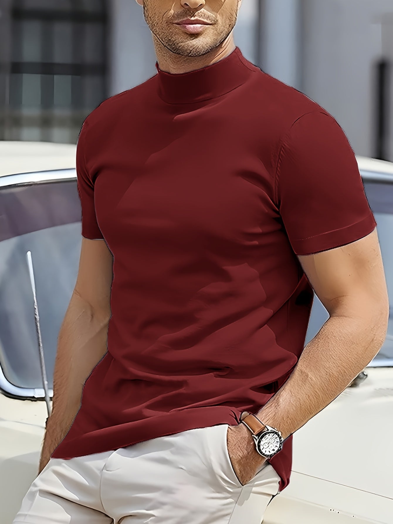 Men's Summer New Basic Solid Color Fashion Simple High-End Casual Sport Comfortable High-Neck Short-Sleeve Top - ayq