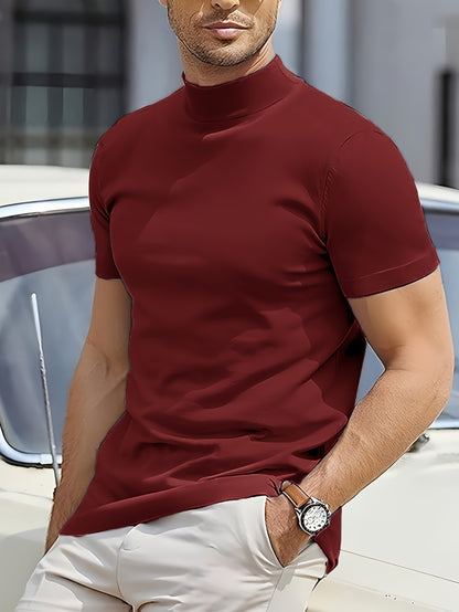 Men's Summer New Basic Solid Color Fashion Simple High-End Casual Sport Comfortable High-Neck Short-Sleeve Top - ayq