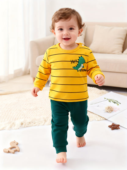 Boys' Winter Dinosaur Sweatsuit Set - Striped Long Sleeve Cotton Outfi