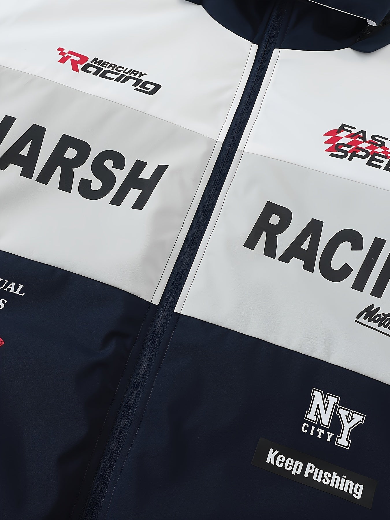 Men'S Casual Motorcycle Jacket, Warm Pilot Fashion Top 6023, 100% Polyester Hooded Collar with Alphabet Pattern, Long Sleeve Regular Fit, Non-Stretch Woven Fabric, Zipper Placket, with Pockets - 280gsm