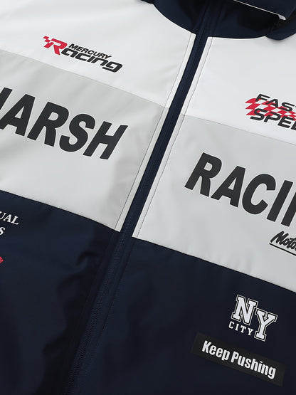 Men'S Casual Motorcycle Jacket, Warm Pilot Fashion Top 6023, 100% Polyester Hooded Collar with Alphabet Pattern, Long Sleeve Regular Fit, Non-Stretch Woven Fabric, Zipper Placket, with Pockets - 280gsm