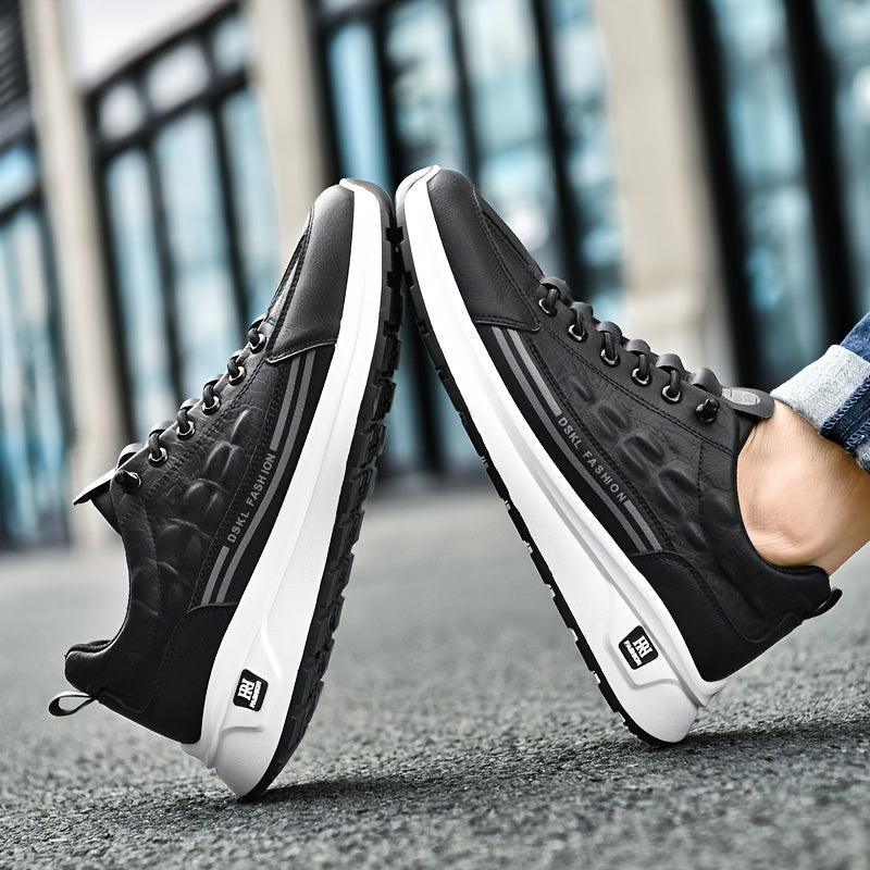 Men's Breathable Casual Sneakers - Comfortable, Versatile  Stylish Shoes for Running, Sports  Casual Attire, Black with White Accents, PU Upper  PVC Sole, Round Toe, Lace-Up Design, All-Season Use