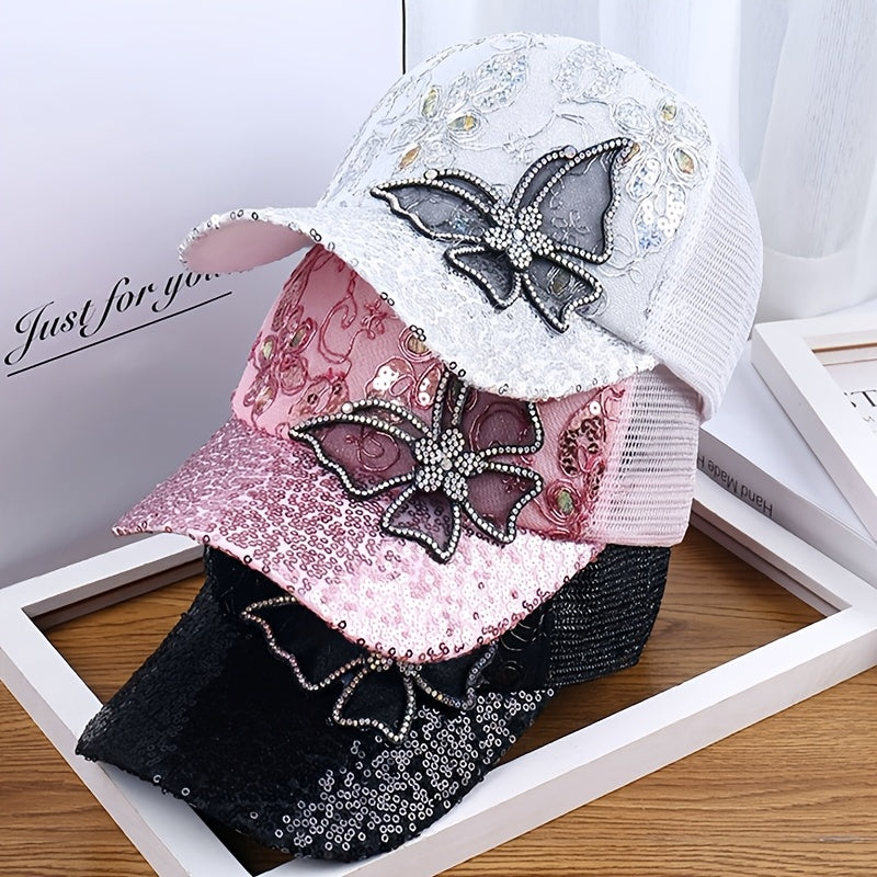 Women's Adjustable Breathable Baseball Cap with Sequin Butterfly