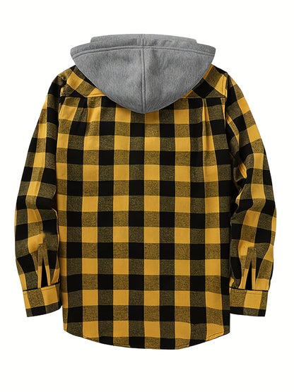Plaid Shirt Coat For Men Long Sleeve Casual Regular Fit Button Up Hooded Shirts Jacket