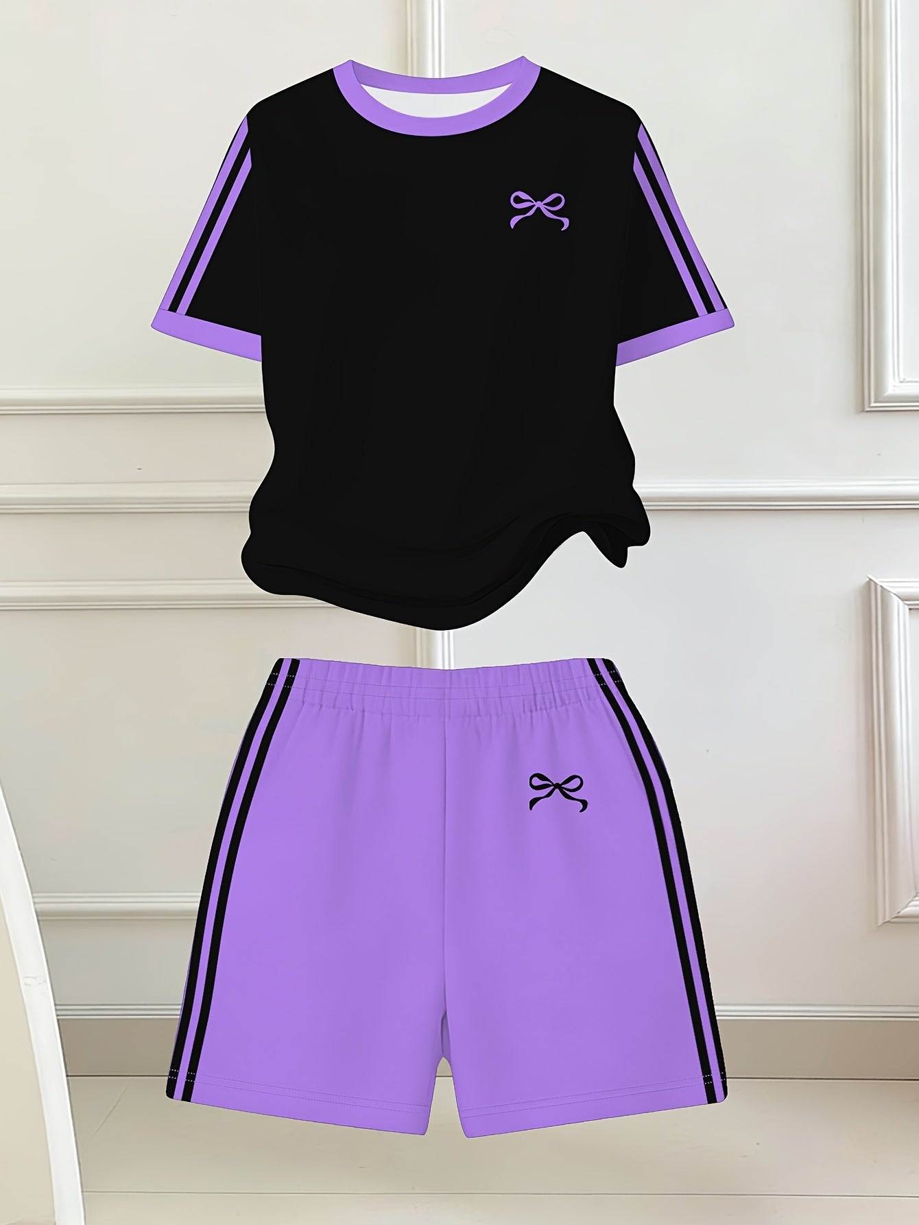Girls' Butterfly Print Bow Short Sleeve Tee & Shorts Set