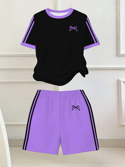 Girls' Butterfly Print Bow Short Sleeve Tee & Shorts Set
