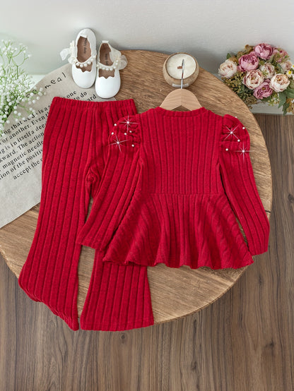 Young Girl Fashion Casual Solid Color Striped Beaded Pleated Shoulder Long Sleeve Round Neck V-Neck Mid-Rise Pullover with Matching Elastic Waist Flared Pants for, for Outdoor