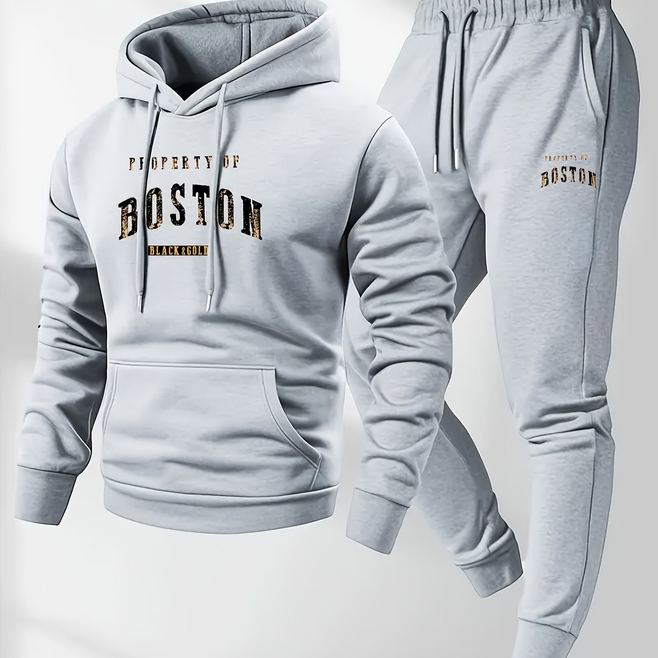 Men'S Boston Print Hoodie And Sweatpants Set - Casual Long Sleeve, Slight Stretch Fabric, Pockets, Suitable for Autumn And Winter, Sportswear, Casual Attire | Hoodie | Sport Pants with Pockets, Everyday Wear