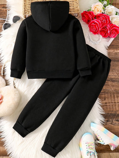 Autumn And Winter Style Fleece Tops, Fashionable Letter Pattern Prints, Warm Hoodies And Sweatpants Two-Piece Set, for Outdoor