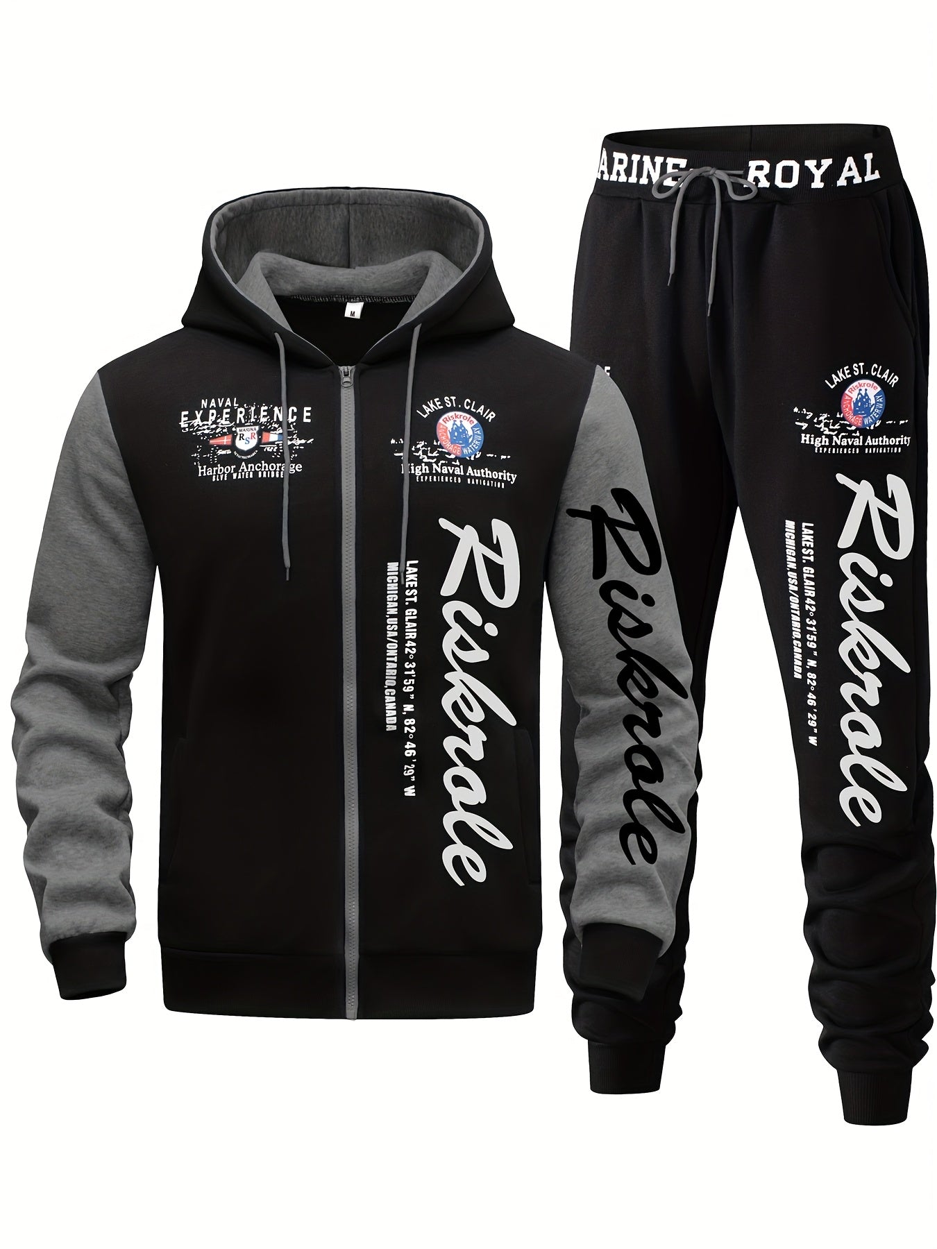 Men's Hooded Letter Print Tracksuit, 2pcs Casual Sports Set, Fashion Hoodie With Full-zip And Elastic-waist Pants, Regular Fit, Outdoor Cloth