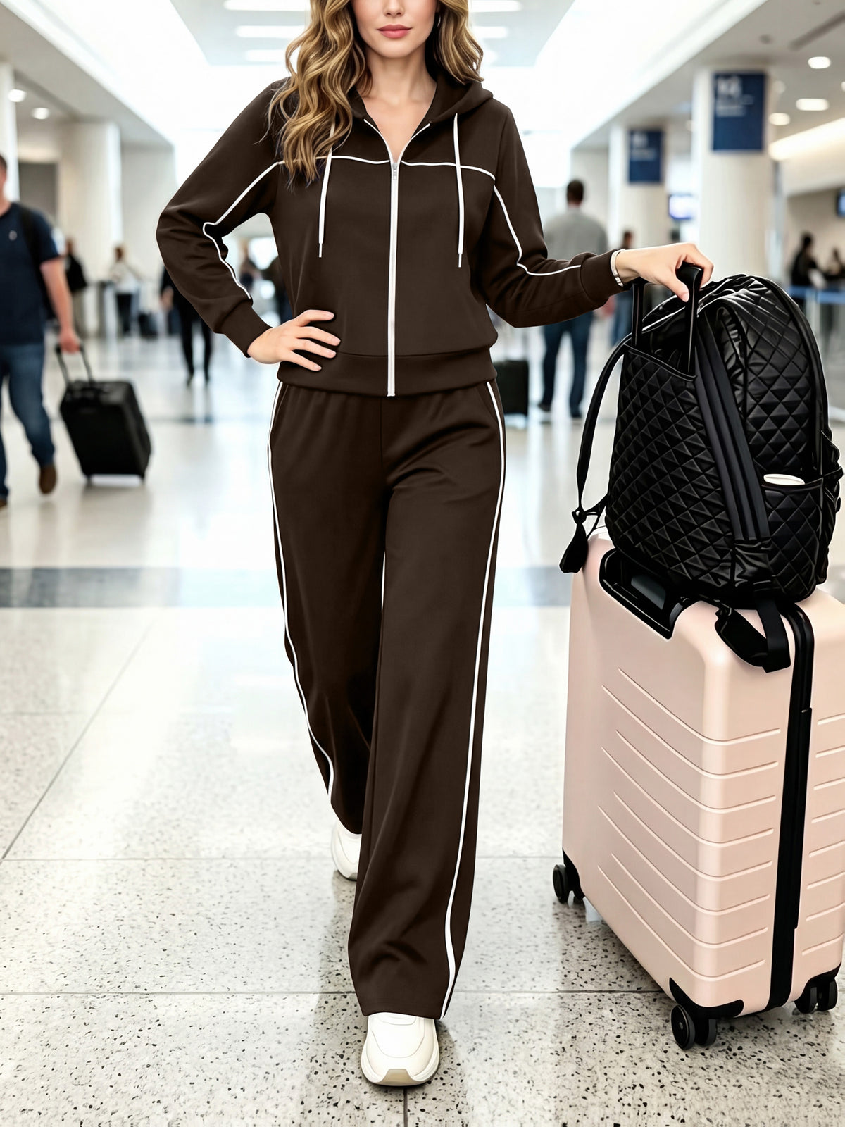 Women's Casual Two-Piece Set Hooded Cardigan & Wide-Leg Pants - ayq
