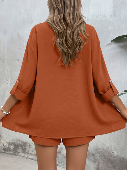 Women's Casual Long-Sleeve Shirt & High-Waist Shorts Set for Spring/Su