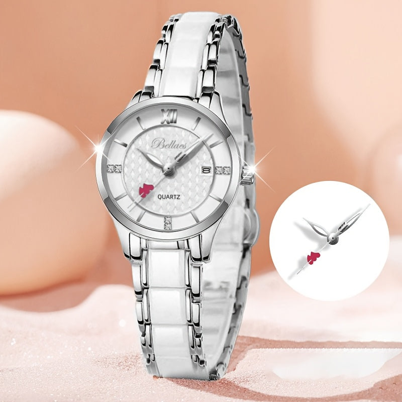 Elegant Women's Quartz Watch with Cupid Arrow & Ceramic Strap
