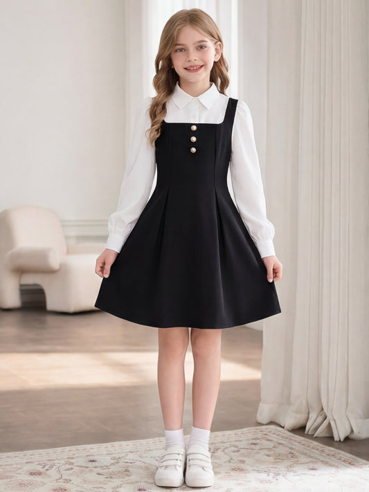Girls' Elegant Black & White Patchwork Dress with Collared Shirt