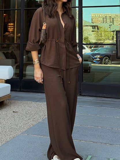 Women'S Spring And Autumn Solid Color Casual Minimalist Button-Up Shirt with Waist Drawstring Design And Vintage French Style Long Sleeves, Paired with Wide-Leg Pants in a Two-Piece Set - ayq