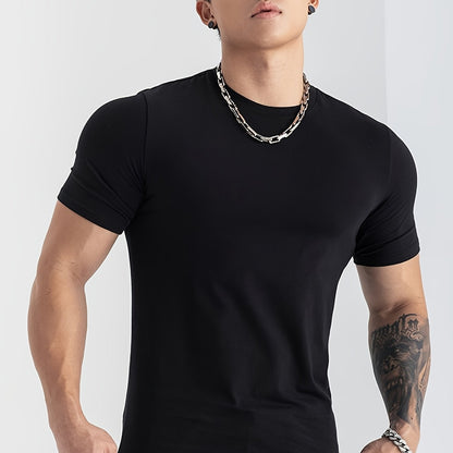 Men's Summer Athletic T-Shirt - Moisture-Wicking Stretch Fabric Slim Fit Round Neck Short Sleeve Tee for Gym, Running, Training - Solid Color Black, Gym Apparel   Machine Washable Top, Gym Shirts